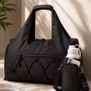 black gym duffel bag for women – stylish sports & travel bag with water bottle holder