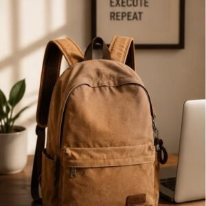 stylish khaki canvas laptop backpack for everyday use